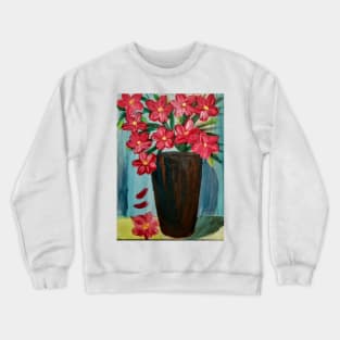 Some abstract red Lilly's flower In a copper and turquoise vase . Crewneck Sweatshirt